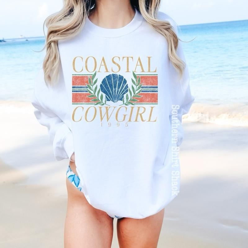 Coastal Cowgirl Sweatshirt | Beach Sweatshirt | White Sweatshirt graphic shirt unisex style Hoodie | UrbanDripWear.com