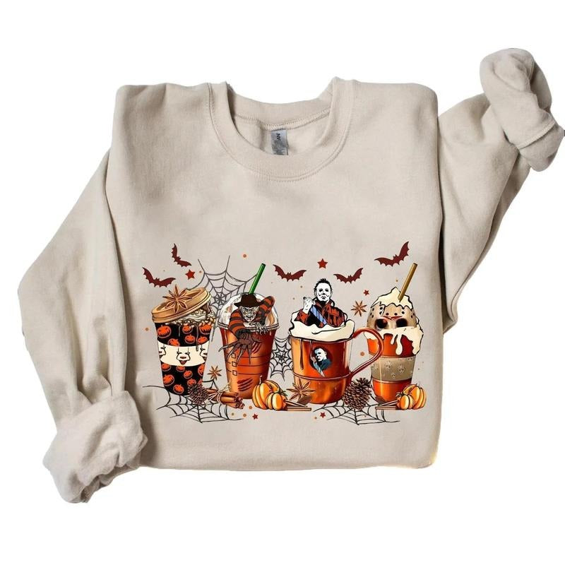Coffee Horror Movies Halloween Crewneck Sweatshirt Hoodie Tshirt, Halloween 2024 Gifts | UrbanDripWear.com