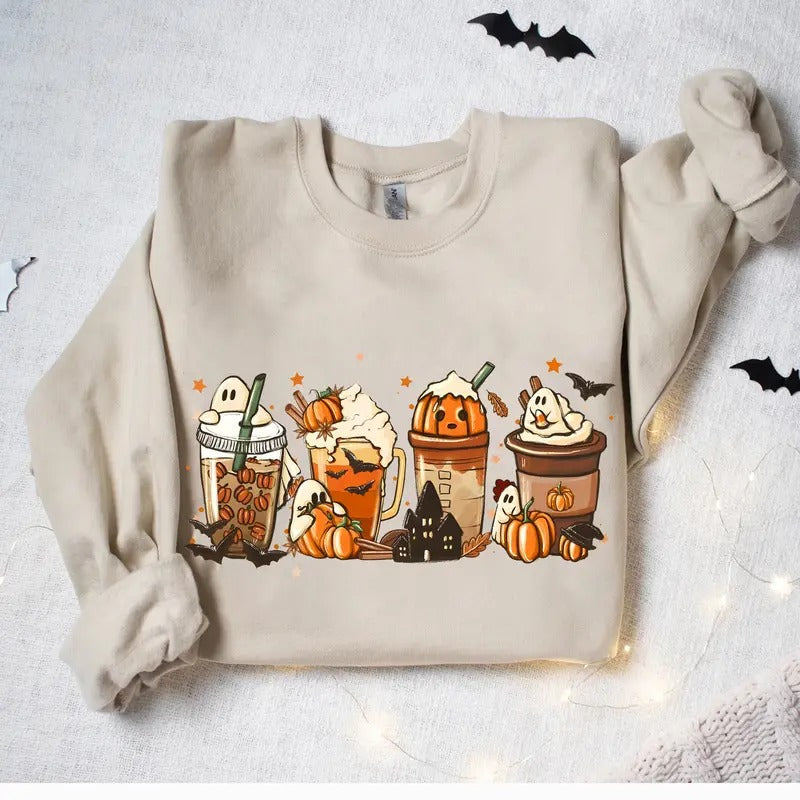 Coffee Pumpkin Halloween Crewneck Sweatshirt Hoodie Tshirt, Halloween 2024 Gifts | UrbanDripWear.com