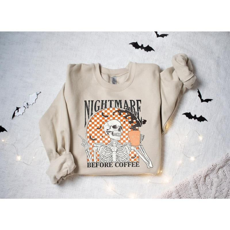Coffee Sweatshirt, Funny Halloween Sweatshirt, Skeleton Halloween Shirt Coffee Fall Shirt Hoodie | UrbanDripWear.com