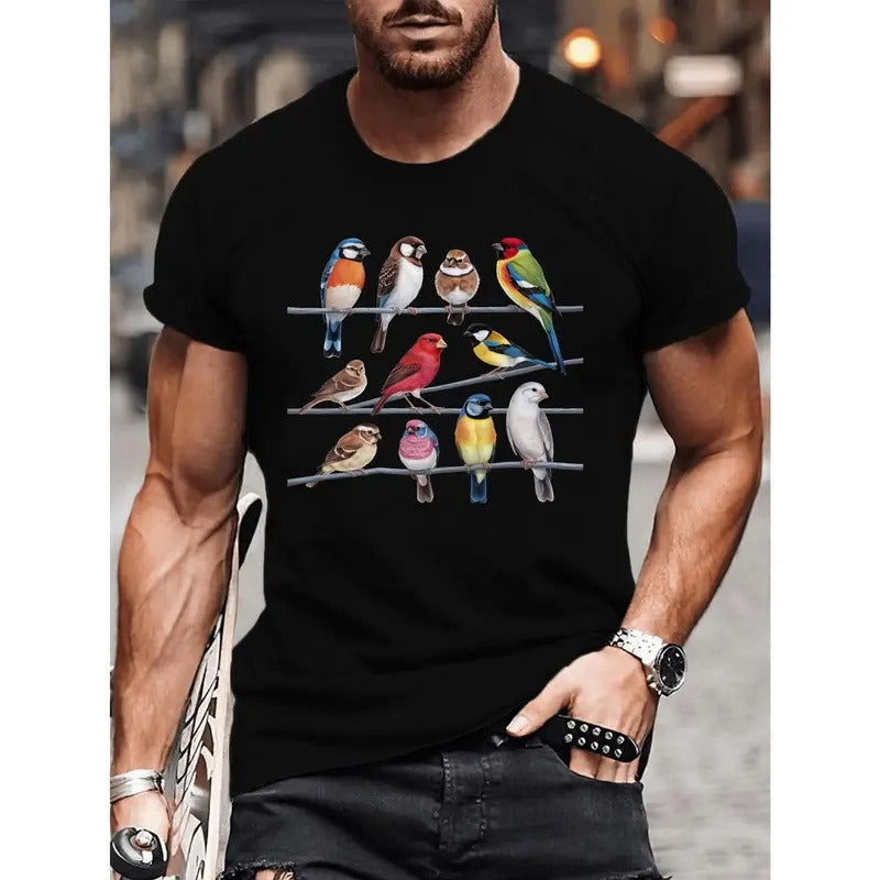 Colorful Birds Illustration Print Tee Shirt, Men's Comfy Round Neck Short Sleeve T-shirt, Summer Top For Outdoor Wear...