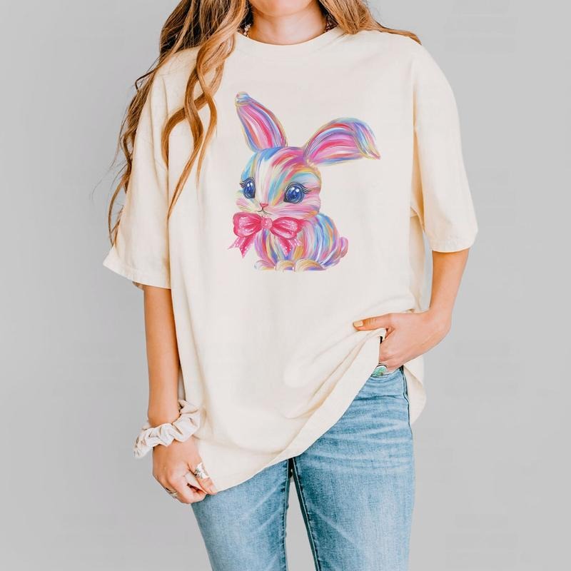 Colorful Brush Stroke Bunny Easter Shirt, Pastel Bunny Tee, Cute Spring Rabbit Shirt, Easter Outfit for Women, Artistic...