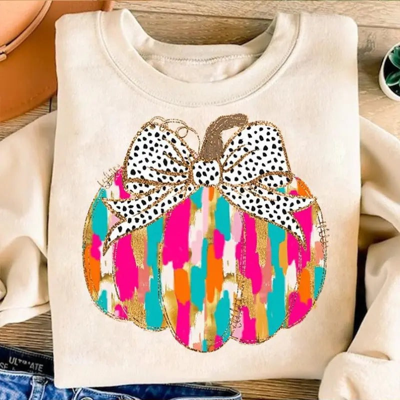 Colorful Coquette Gold Glitter Pumpkin Shirt, Girly Fall Pumpkin Sweatshirt, Bright Color Fall Pumpkin Tee, Dalmatian...