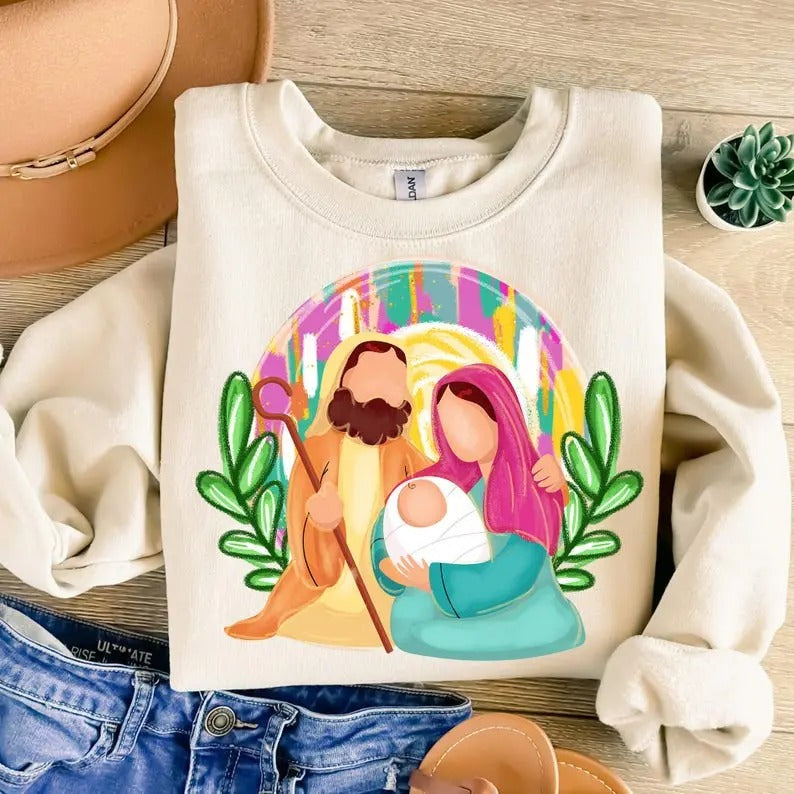 Colorful Glitter Christmas Nativity SWEATSHIRT, Jesus Christmas SWEATSHIRT, Baby Jesus SWEATSHIRT, Oh Come Let Us Adore...