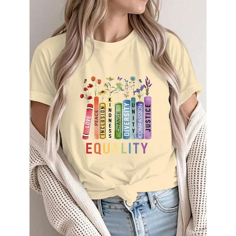 Colorful and Inspiring T - Shirt with 'Love Peace Inclusion...Equality' Message and Floral - Book Graphic