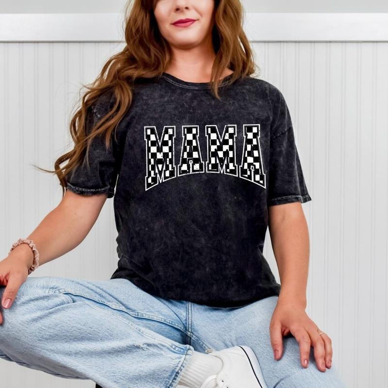 Colortone Mineral Wash Checkered Mama Shirt Gift for Mom, Retro Mom Tee, Vintage Checkered Mama Tshirt, Mother's Day...