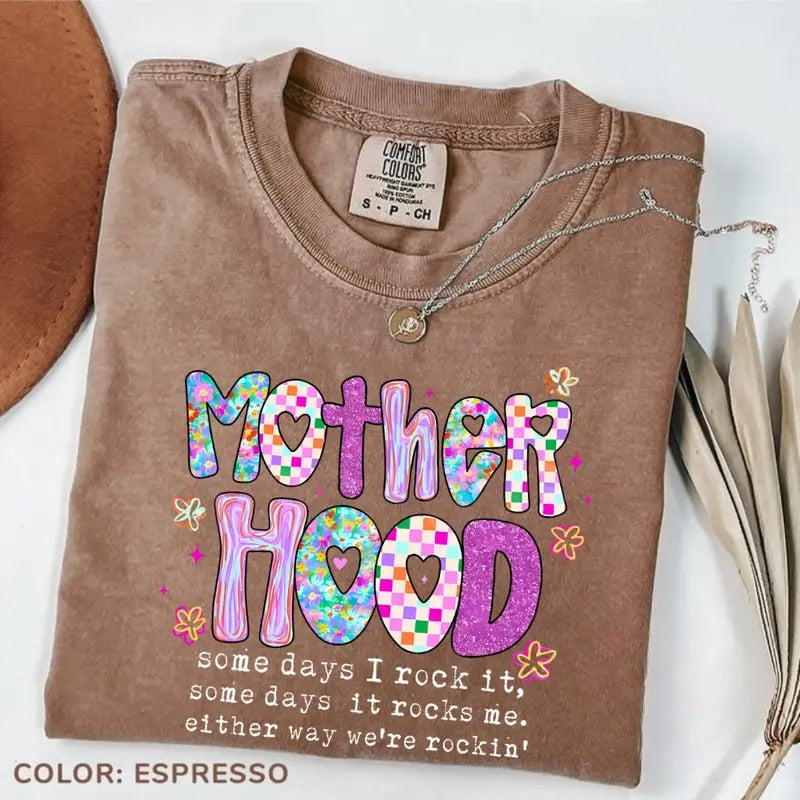 Comfort Color Motherhood Coquette Bow Checker T-shirt, Neon Motherhood Shirt, Funny Mom Shirt, Sarcastic Mama Retro Tee,...