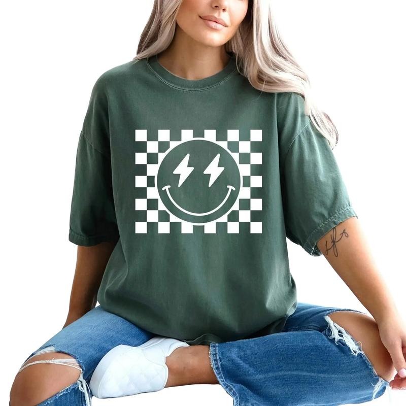 Comfort Colors Checkered Pattern Smile Face Shirt, Retro Smiley Face Shirt Hoodie, Sweatshirt | UrbanDripWear.com