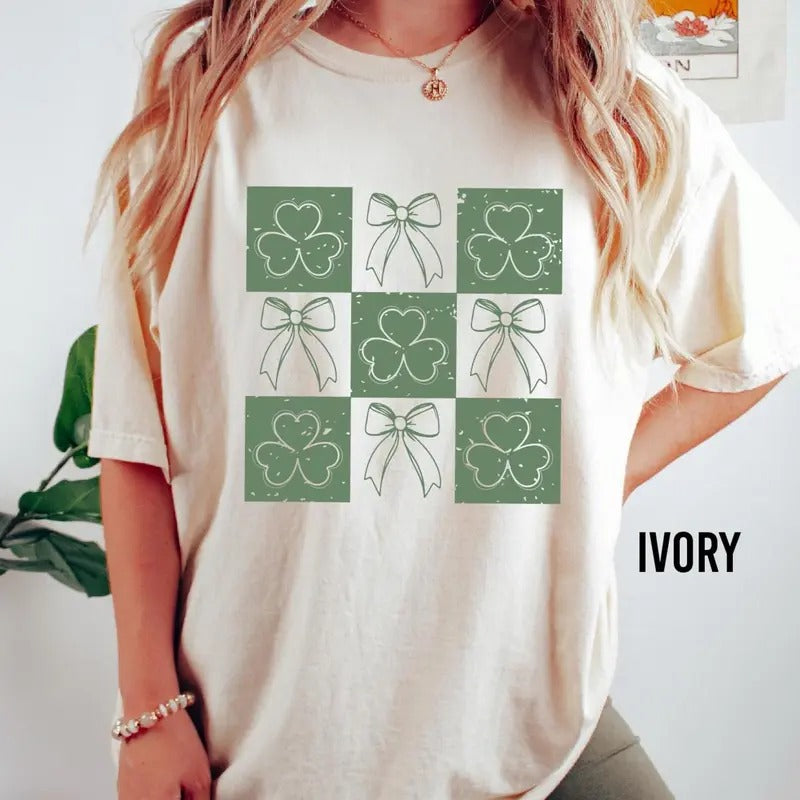 Comfort Colors Checkered St Patrick's Day Shirt, Shamrock Shirt, Coquette St Patrick's Day Shirt, Lucky Tee, Vintage...