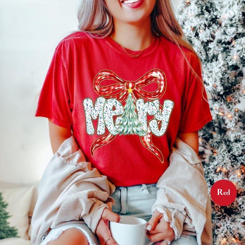 Comfort Colors Coquette Merry Christmas T-shirt, Vintage Retro Merry Tree Christmas Tshirt, Y2k Christmas Tshirt, Festive...
