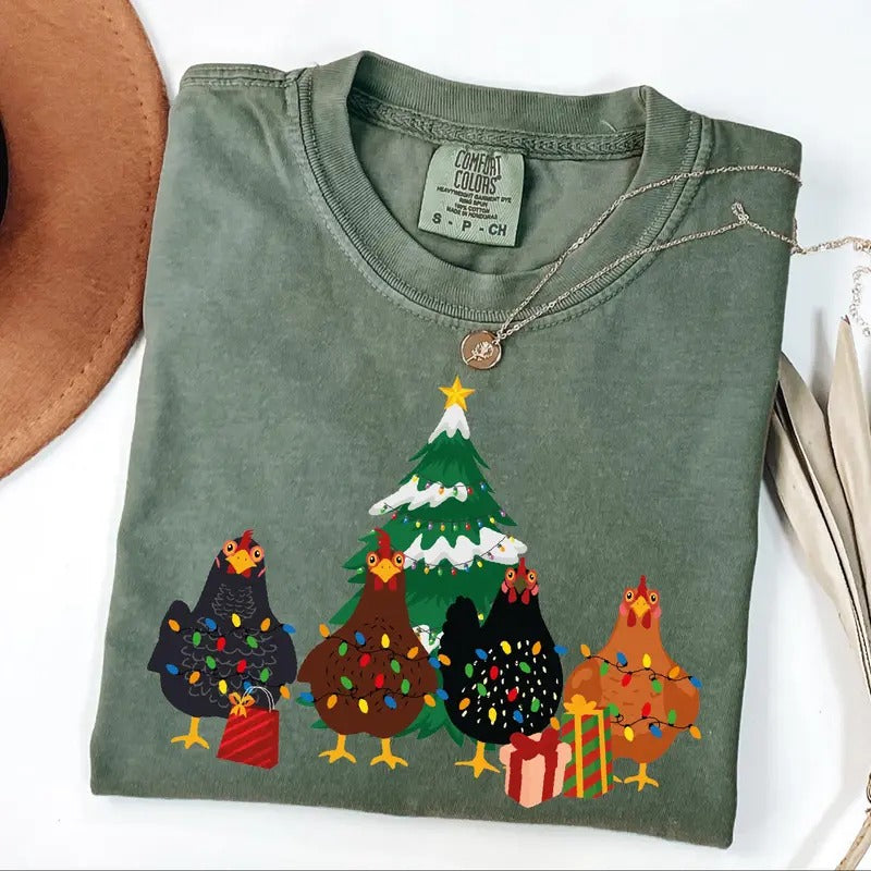 Comfort Colors Cute Christmas Chickens Shirt, Farm Chickens Shirt, Animals Christmas Shirt, Festive Holiday Shirt, Merry...