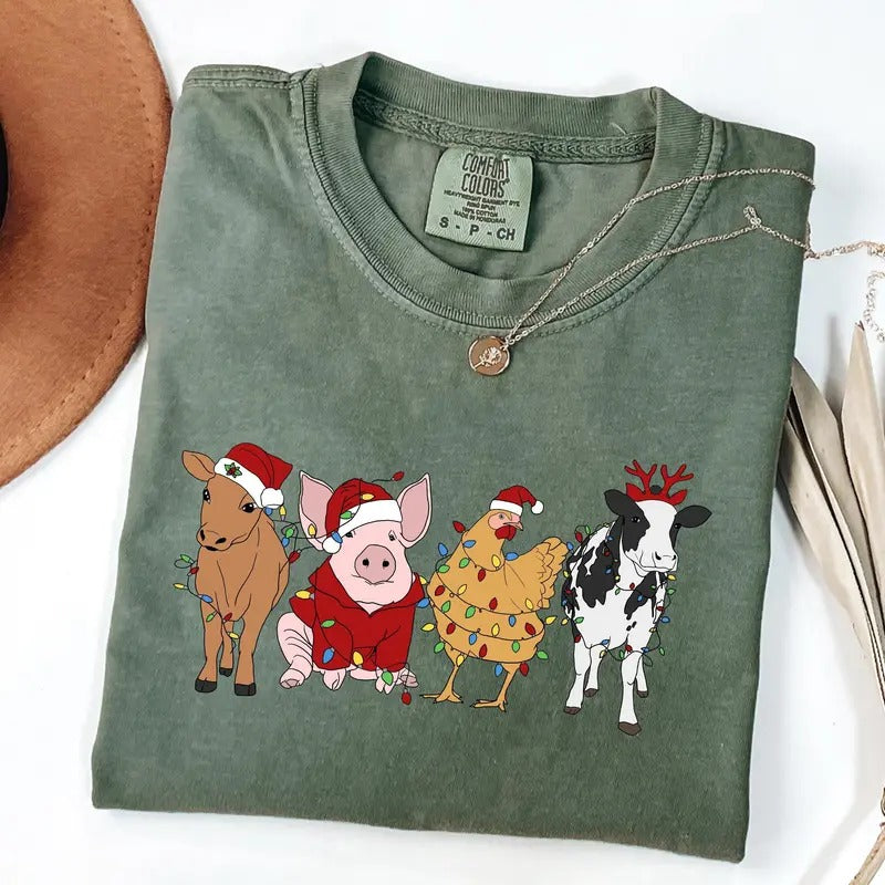 Comfort Colors Farm Animals Christmas Shirt, Christmas Farm Animals, Christmas Chicken Cow Shirt Hoodie, Sweatshirt