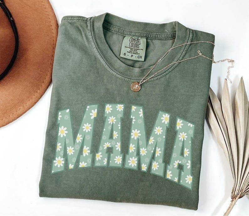 Comfort Colors Floral Mama Shirt, Daisy Mom Tee, Trendy Mom Tshirt, Women's Flower Mama Shirt, Spring Pregnancy Reveal...