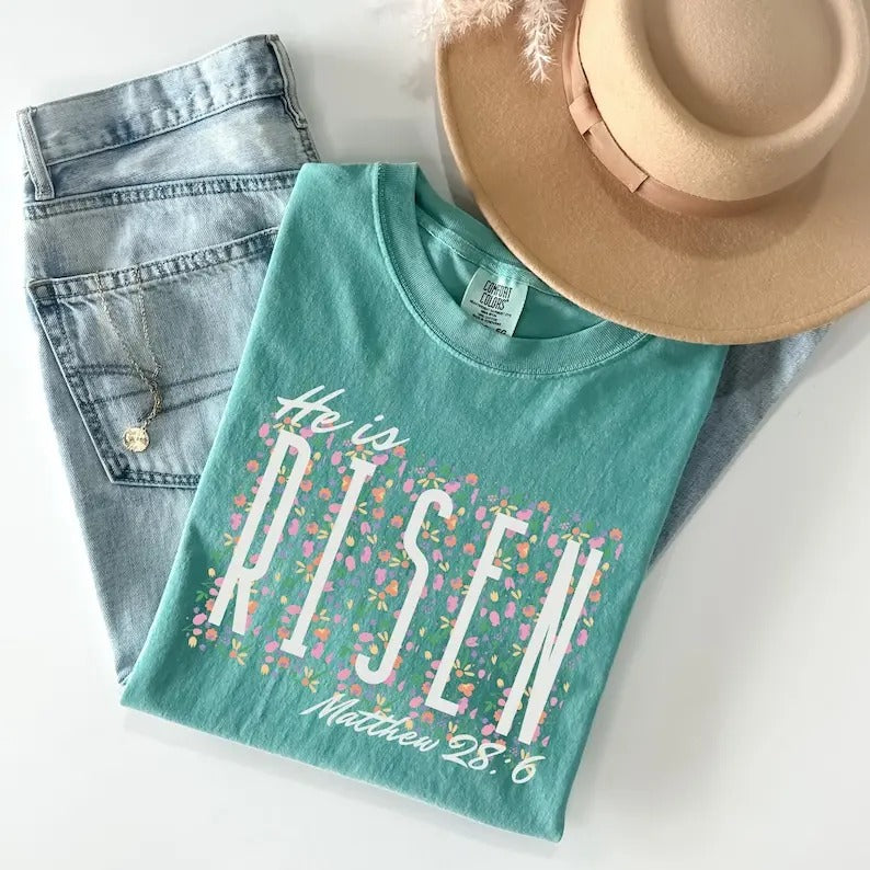 Comfort Colors He Is Risen Easter Shirt, Floral Easter T-shirt, Jesus Easter Shirt, Easter Shirt For Women, Easter Gift,...