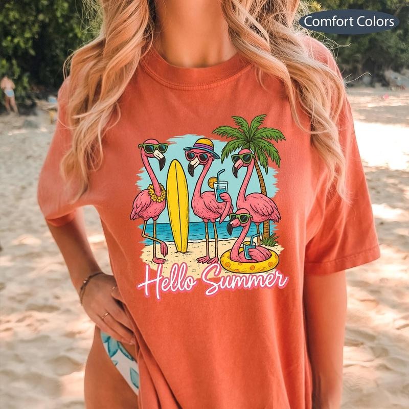 Comfort Colors Hello Summer T-Shirt, Cute Flamingo Summer Beach Graphic Shirt, Funny Vacation Tropical Animal T-Shirt,...