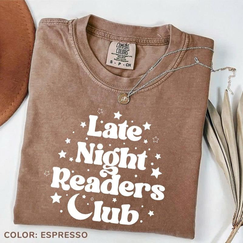 Comfort Colors Late-Night Reading Club Tee, Funny Bookworm T-Shirt, Women's Bookish Retro Graphic Tee Gift for Book...