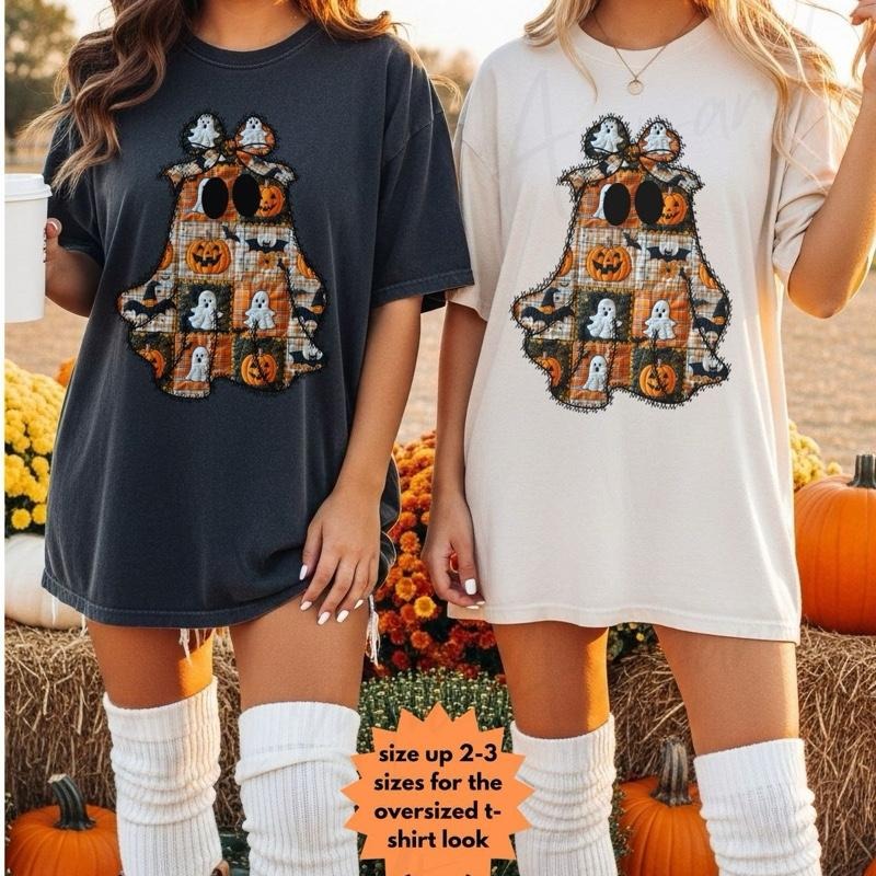Comfort Colors Patchwork Ghost Women's Short Sleeve Casual Cotton Graphic Tshirt