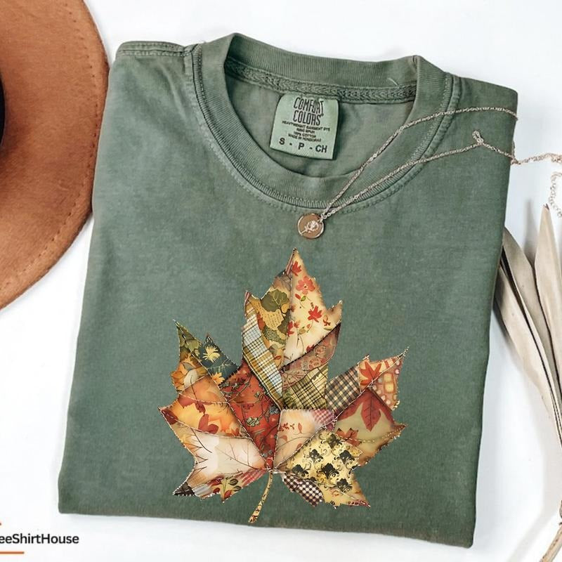 Comfort Colors Retro Patchwork Fall Leaf Tee, Fall Pumpkin Shirt, Spooky Season Sweater, Cozy Cute Women Outfit, Cozy...