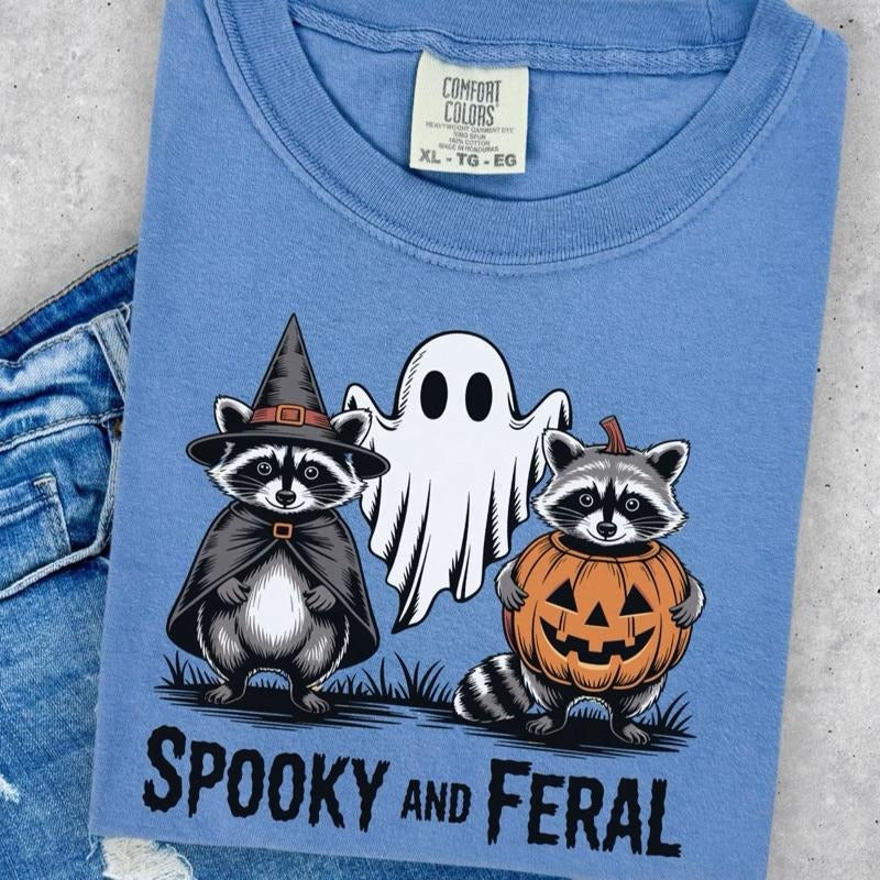 Comfort Colors Spooky and Feral Funny Halloween Raccoon Women's Short Sleeve Casual Cotton Graphic T-Shirt