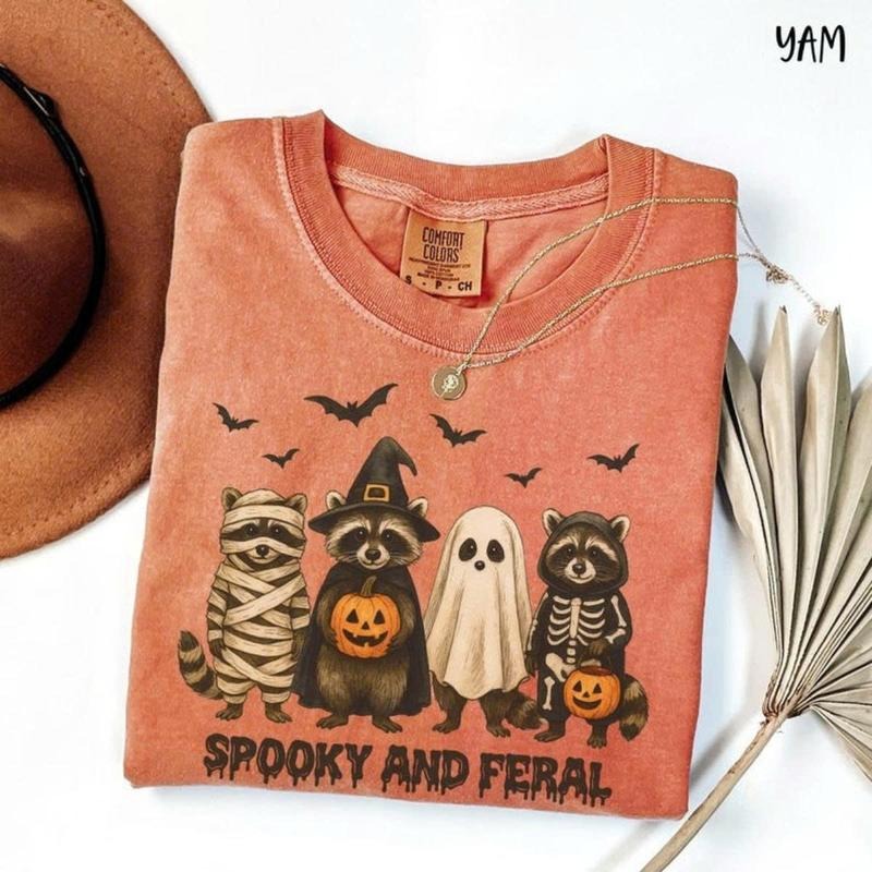 Comfort Colors Spooky and Feral Raccoon Halloween Tee, Spooky and Feral Tee, Funny Racoon Halloween TShirt, Spooky Season...