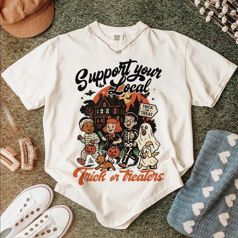 Comfort Colors Support Your Local Trick or Treaters Shirt, Vintage Halloween Graphic Tee, Retro Costume Party Shirt, Fall...