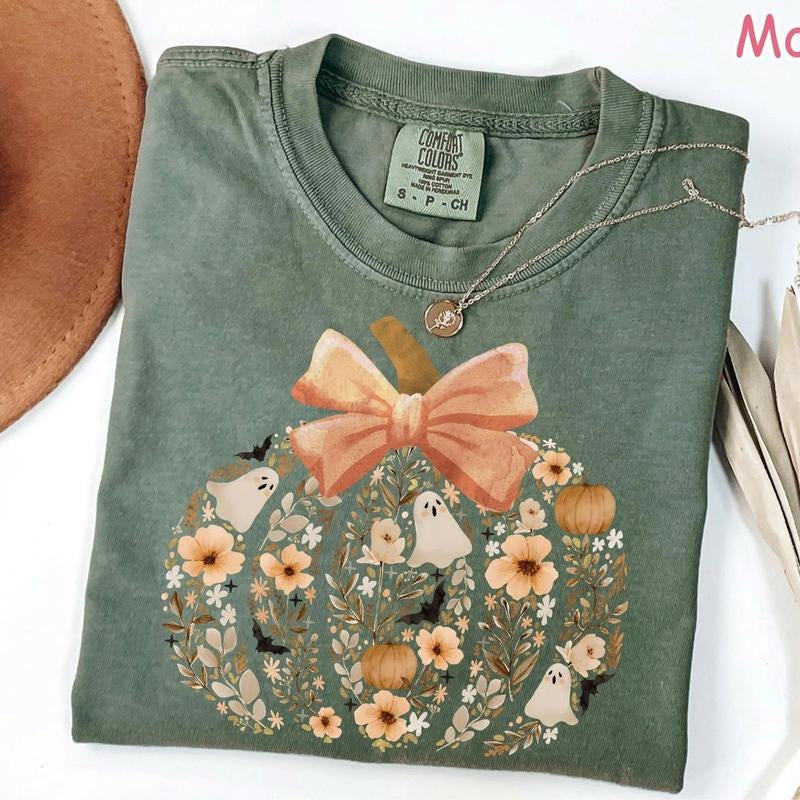 Comfort Colors Vintage Floral Pumpkin Shirt, Floral Pumpkin Fall Shirt, Coquette Halloween Ghost Shirt, Girly Halloween...