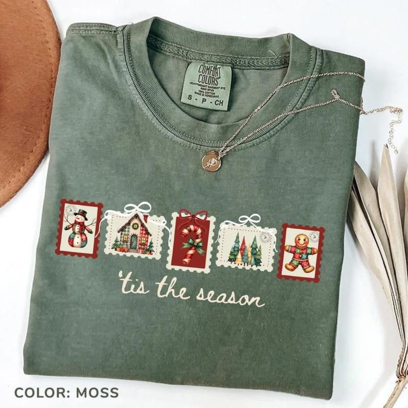 Comfort Colors Winter Stamp Tshirt, Patchwork Christmas Stamps, Coquette Christmas T-shirt, Winter Stamp T-shirt Hoodie,...