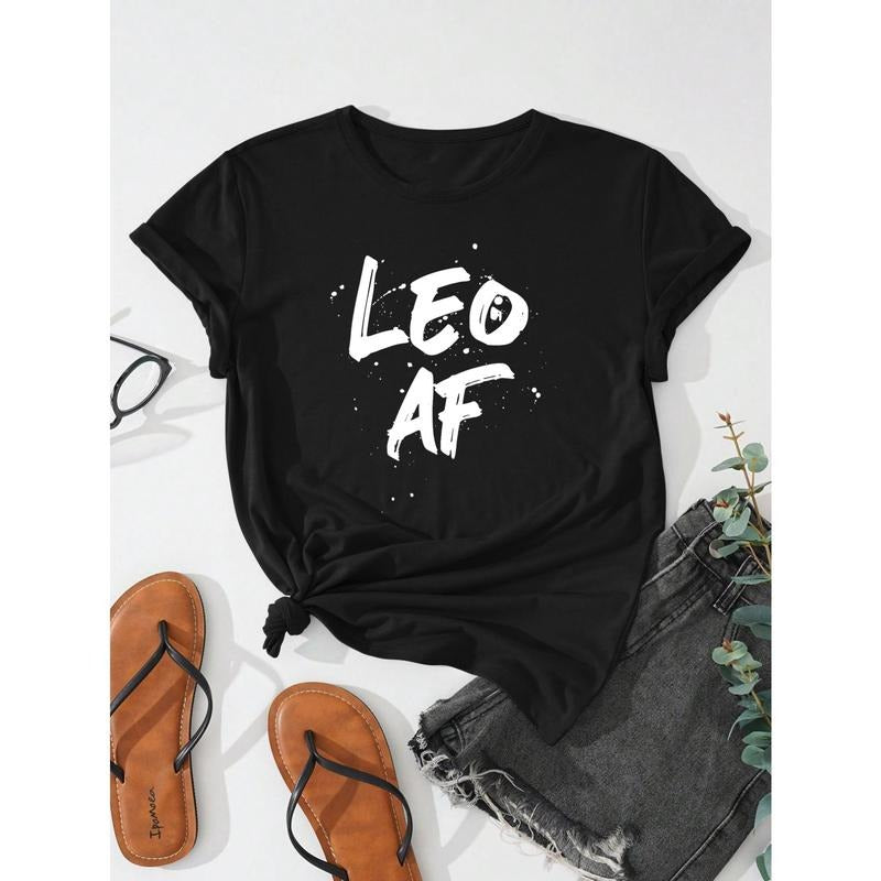 Comfortable And Versatile Spring And Summer Women'S Top, Black And White Leo Af Printed Round-Neck T-Shirt. Hoodie,...