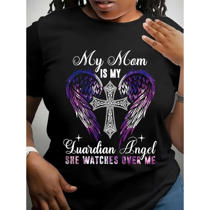Comfy 'Mom Is My Guardian Angel' Women's T-Shirt - Casual Round Neck, Breathable 100% Tee with Heart & Wings Design,...