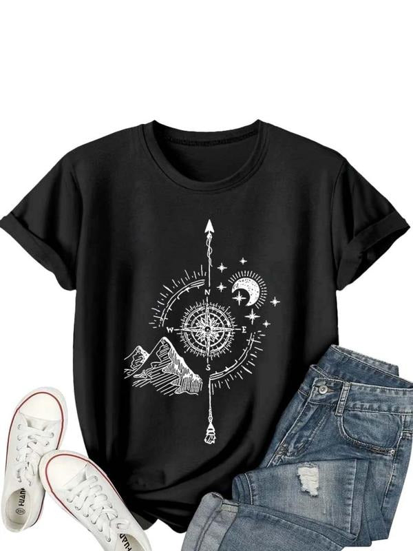 Compass & Heart Print Round Neck Tee, Mysterious Navigation Element Print Short Sleeve T-shirt, Casual Crew Neck Top for...