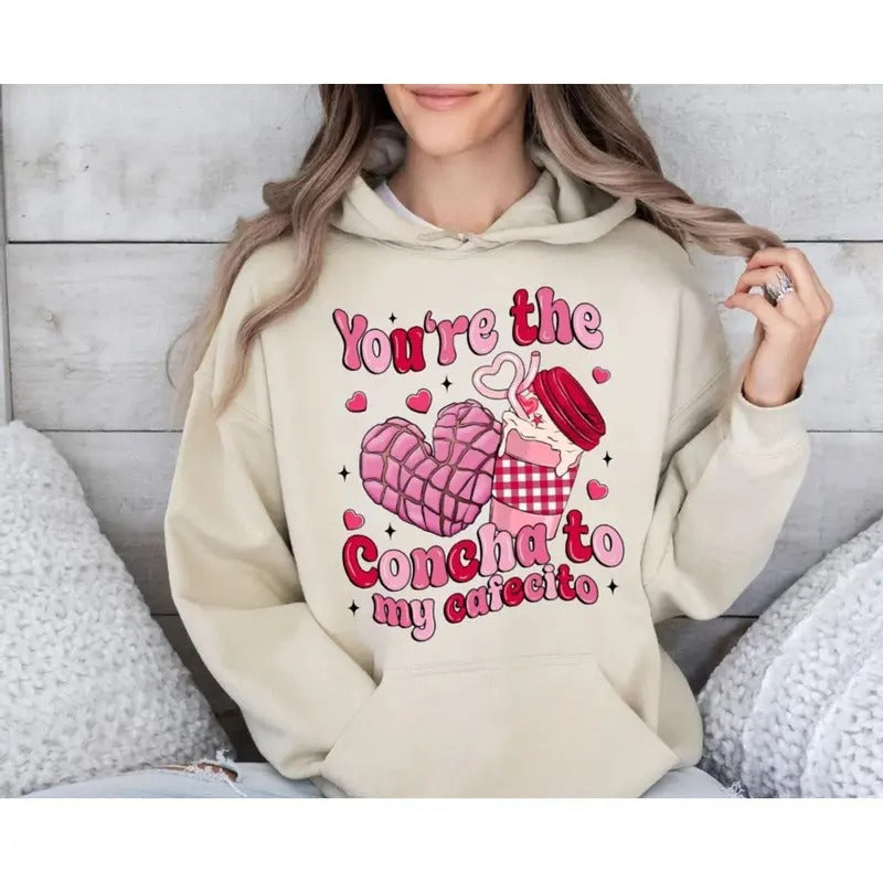Concha Valentine Sweatshirt, Retro Mexican Valentine Shirt, Conchas Pan Dulce Heart Hoodie, Valentine's Day Mexican Food,...