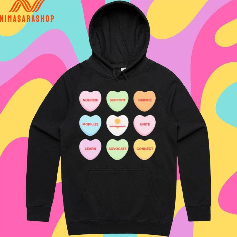 Conversation Hearts Nourish Support Inspire Mobilize Unite Learn Advocate Connect Shirts