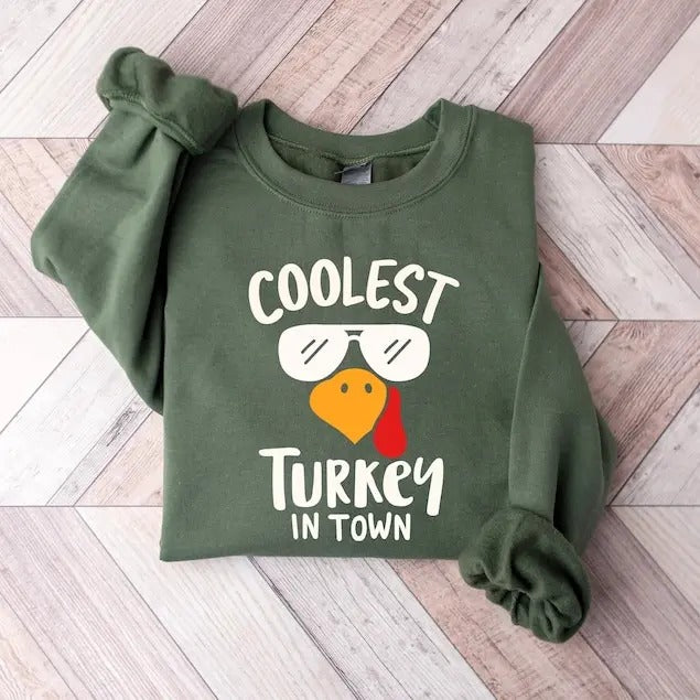Coolest Turkey In Town Sweatshirt, Funny Turkey Face Shirt, Cool Fall Hoodie, Family Thanksgiving Gift Casual Classic...