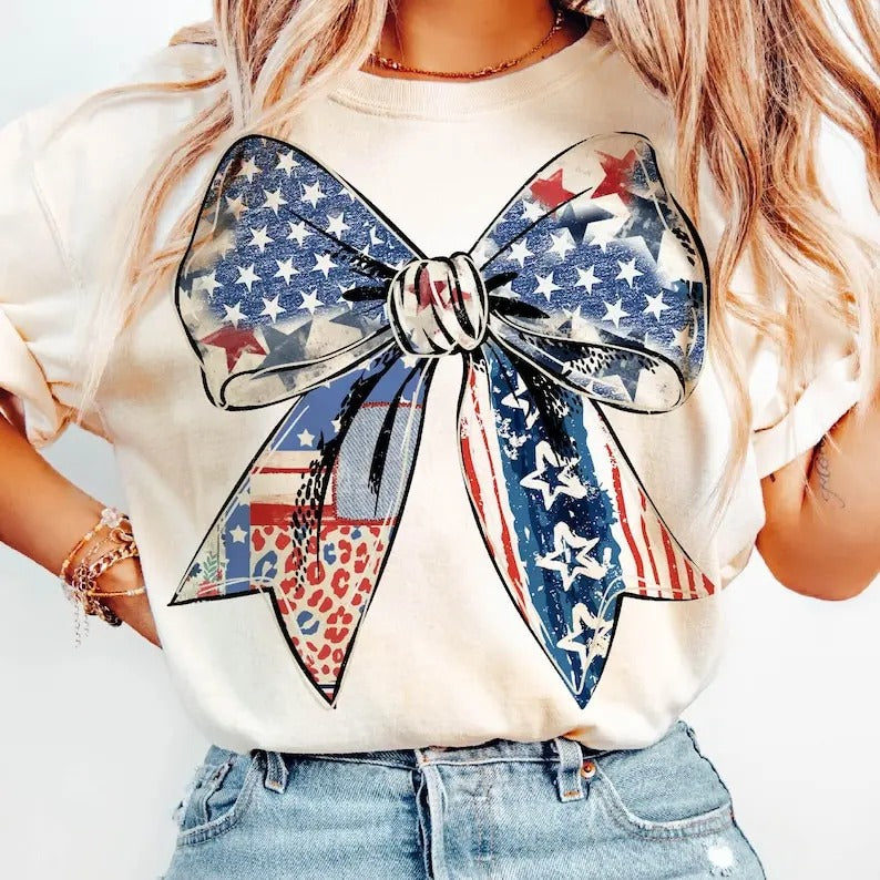 Coquette American Girl Tshirt, Coquette Bow Shirt, 4th of July Tee, Freedom, American Flag 4th of July T-Shirt Top...