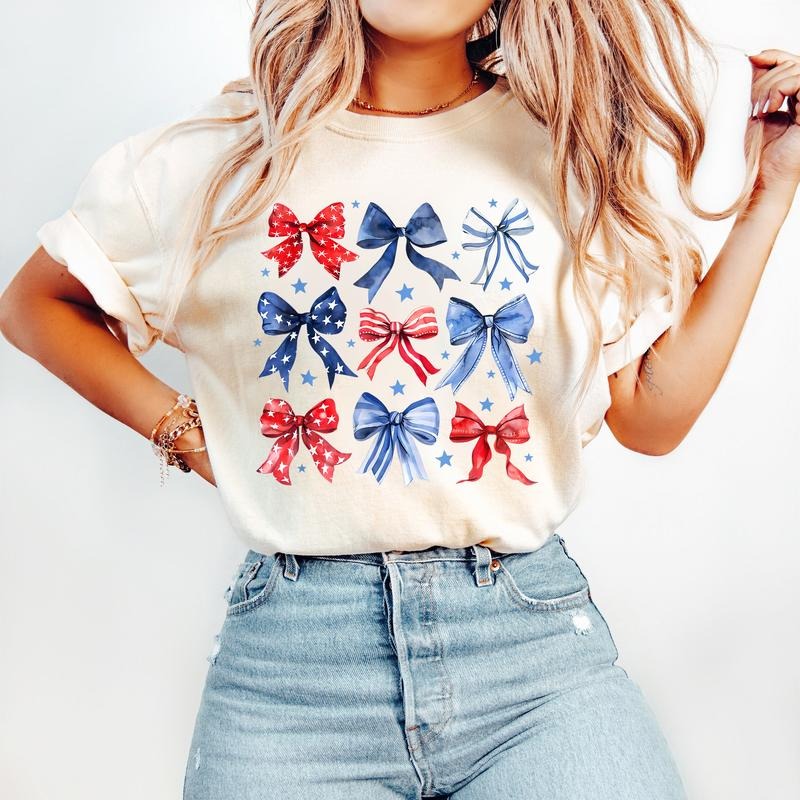 Coquette Bow American Flag Shirt, Coquette Bow 4th Of July Shirt, Freedom Patriotic 4th Of July T-Shirt, Red White and...