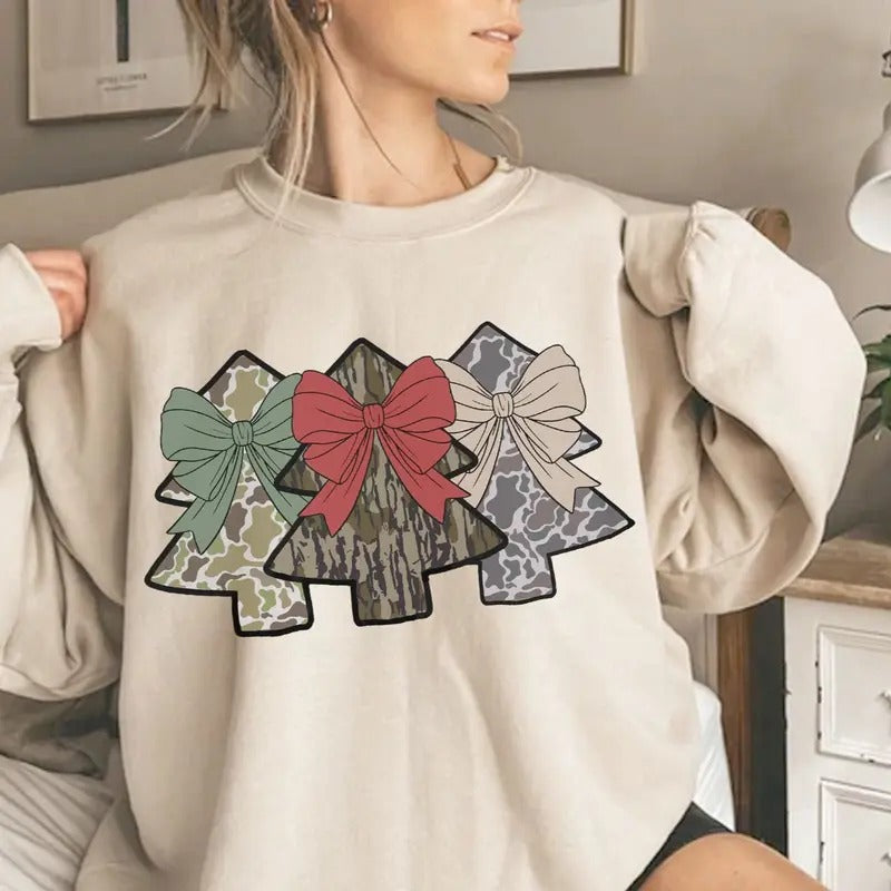 Coquette Bow Camo Christmas Trees Hunting Crewneck Sweatshirt, Retro Camo Bottomland Shirt Hoodie | UrbanDripWear.com