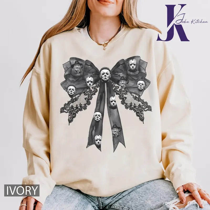 Coquette Bow Horror Movie Halloween Shirt, Halloween Coquette Bow Shirt, Horror Movie Characters Halloween Shirt, Vintage...