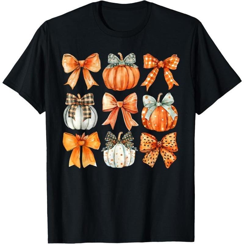 Coquette Bow Pumpkin Season Thanksgiving Autumn Fall Leaves Summer Casual Shortsleeve Cotton T-Shirt Hoodie, Sweatshirt