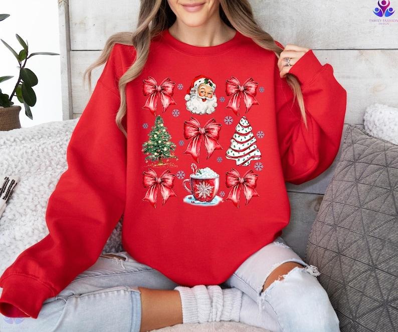 Coquette Bow Sweatshirt, Cute Red Ribbon Santa Sweatshirt, Merry Christmas Bows Sweater, Christmas Gift, Gift For...