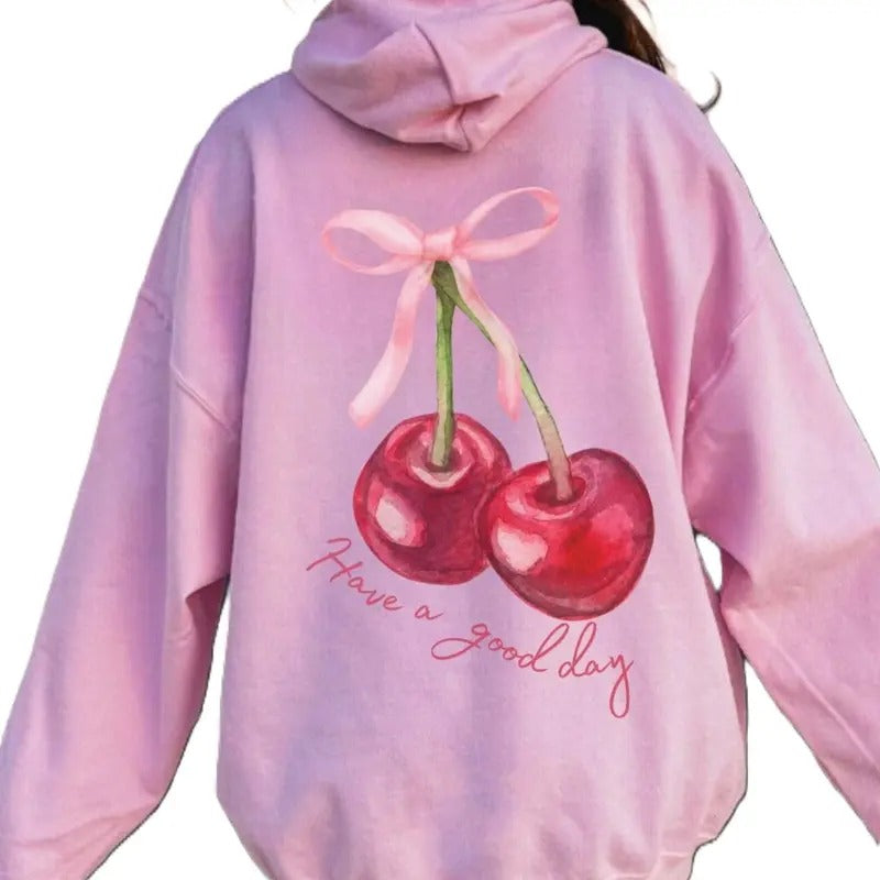 Coquette Cherry Hoodie Have A Good Day Hoodie Words on Back Coquette Bow Trendy Ribbon Shirt Cute Coquette Pullover Tee,...