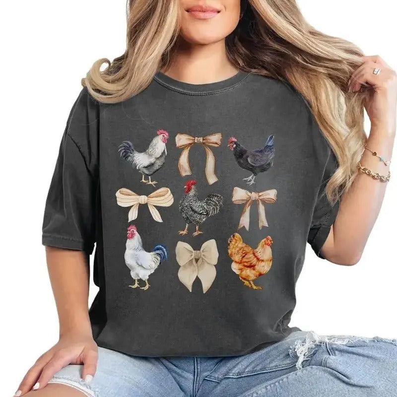 Coquette Chicken T-Shirt, Chicken Lady Graphic Tee Everyday Casual Comfy Womenswear Cute Top, shirt hot trend 2025...