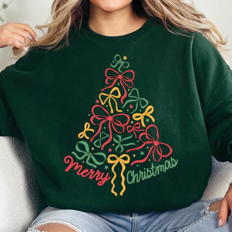Coquette Christmas Tree Sweatshirt, Merry Christmas Shirt, Preppy Christmas Bow Holly Jolly Sweatshirt, Xmas Holiday...