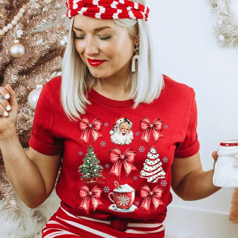 Coquette Christmas Vintage Santa Christmas Shirt - Coquette Bows and Santa Holiday Graphic Tee