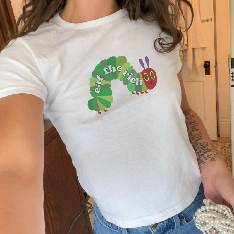 Coquette Eat The Rich Baby Tee, 2000s Crop T Shirt Y2K, 90s Coquette Very Hungry Caterpillar Shirt Hoodie, Sweatshirt