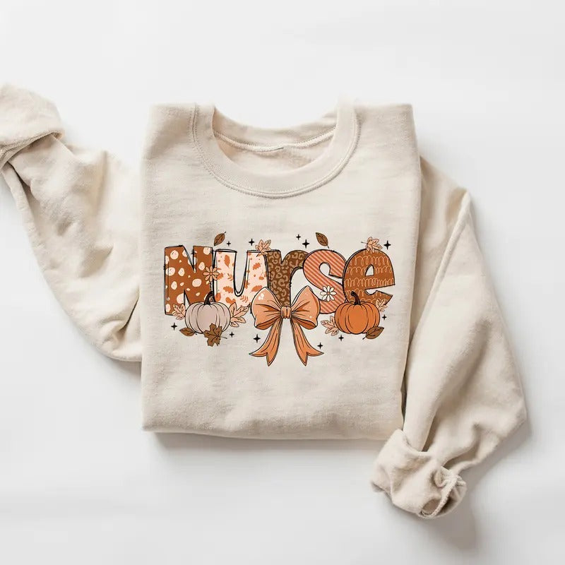 Coquette Fall Nurse Sweatshirt, Retro Nurse Coquette Bow Sweater, Nursing Shirt, Nurse Pumpkins Sweatshirt, Autumn...