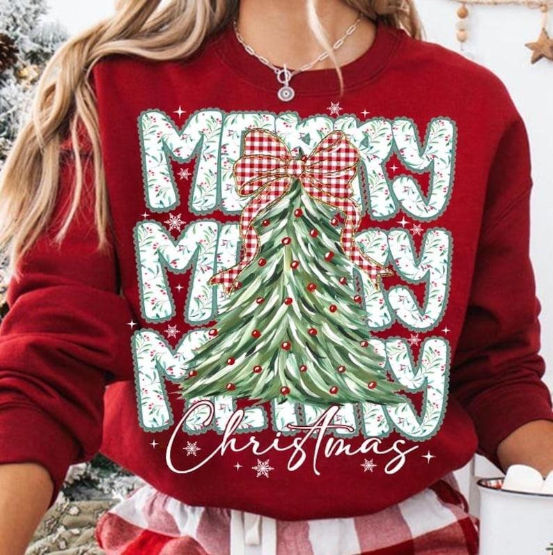 Coquette Floral Merry Christmas Sweatshirt, Preppy Bow Christmas Sweater, Red Plaid Checkered Tree Sweatshirt, Faux...