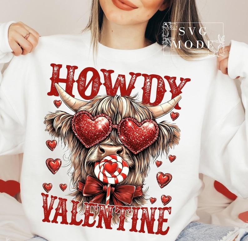 Coquette Girly Valentine Sweatshirt | Highland Cow Crewneck | Day Love Designs T-Shirts, Hoodie | UrbanDripWear.com