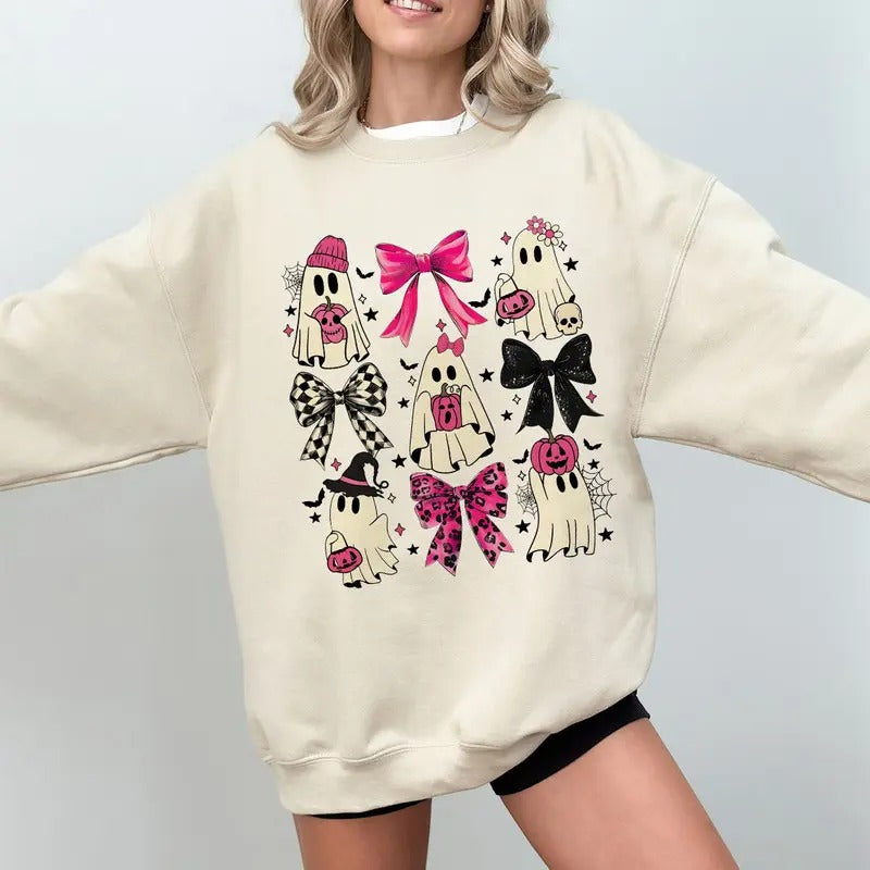 Coquette Halloween Sweatshirt, Halloween Pumpkin Sweatshirt, Cute Ghost Sweatshirt, Pumpkin Coquette Bow Shirt, Spooky...