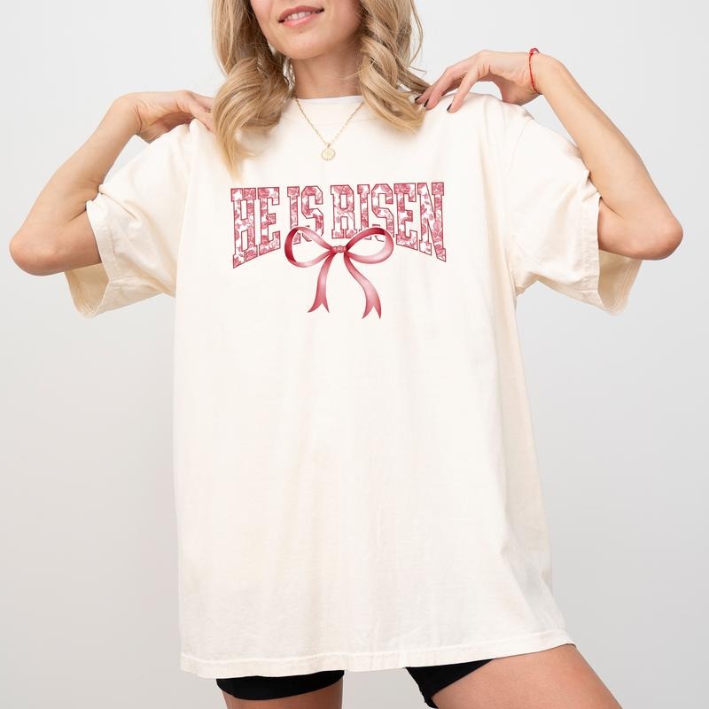 Coquette He Is Risen Comfort Colors Shirt, Bible Verse T-shirt, Toile Bow Christian Graphic Tee, Religious Clothing,...