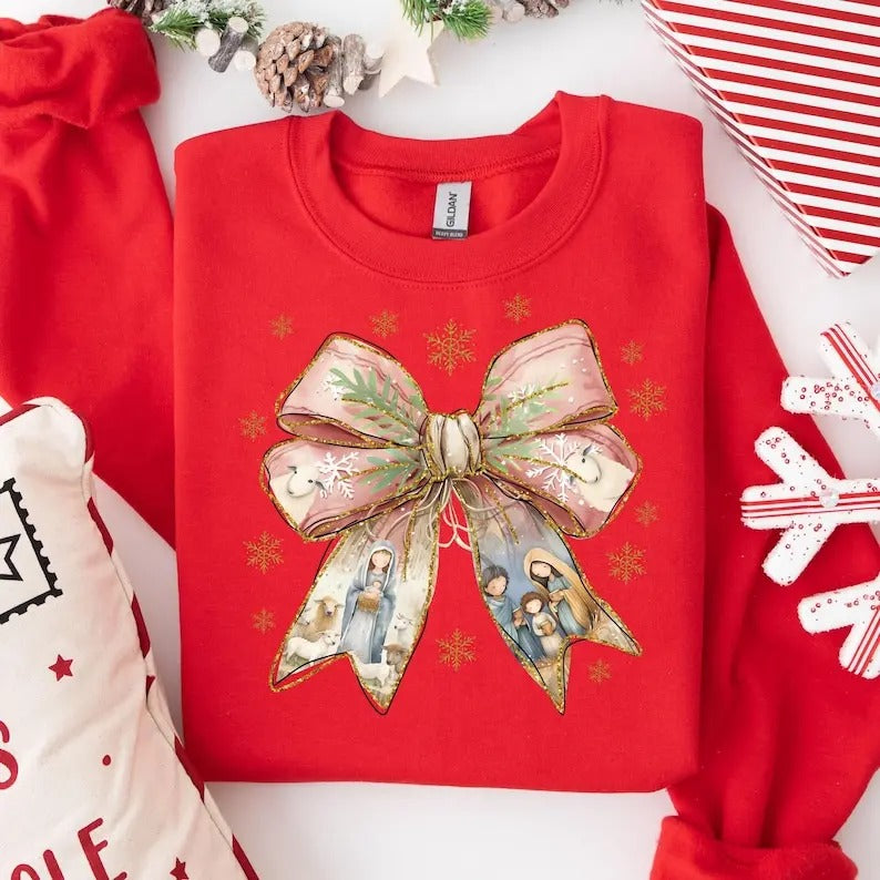 Coquette Nativity Scene Sweatshirt, Coquette Bow Jesus Shirt, Nativity Christmas Sweatshirt Hoodie | UrbanDripWear.com